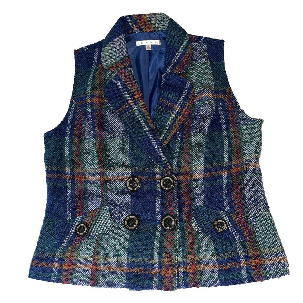 CAbi Blue Tartan Plaid Tweed Vest Double Breast Dark Academia Preppy Medium Y2K
